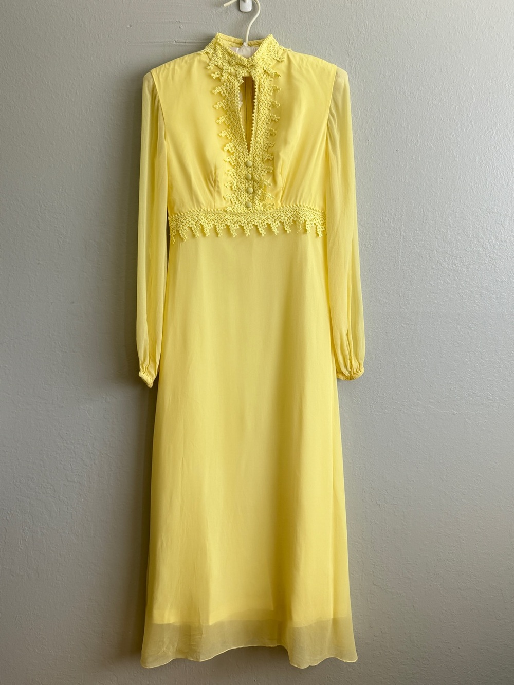 Vintage 70s Pastel Yellow Chiffon Prairie  Boho Maxi Dress XS